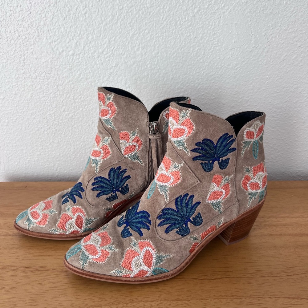Rebecca Minkoff Floral Embroidered Ankle Boots - Tan and Blue